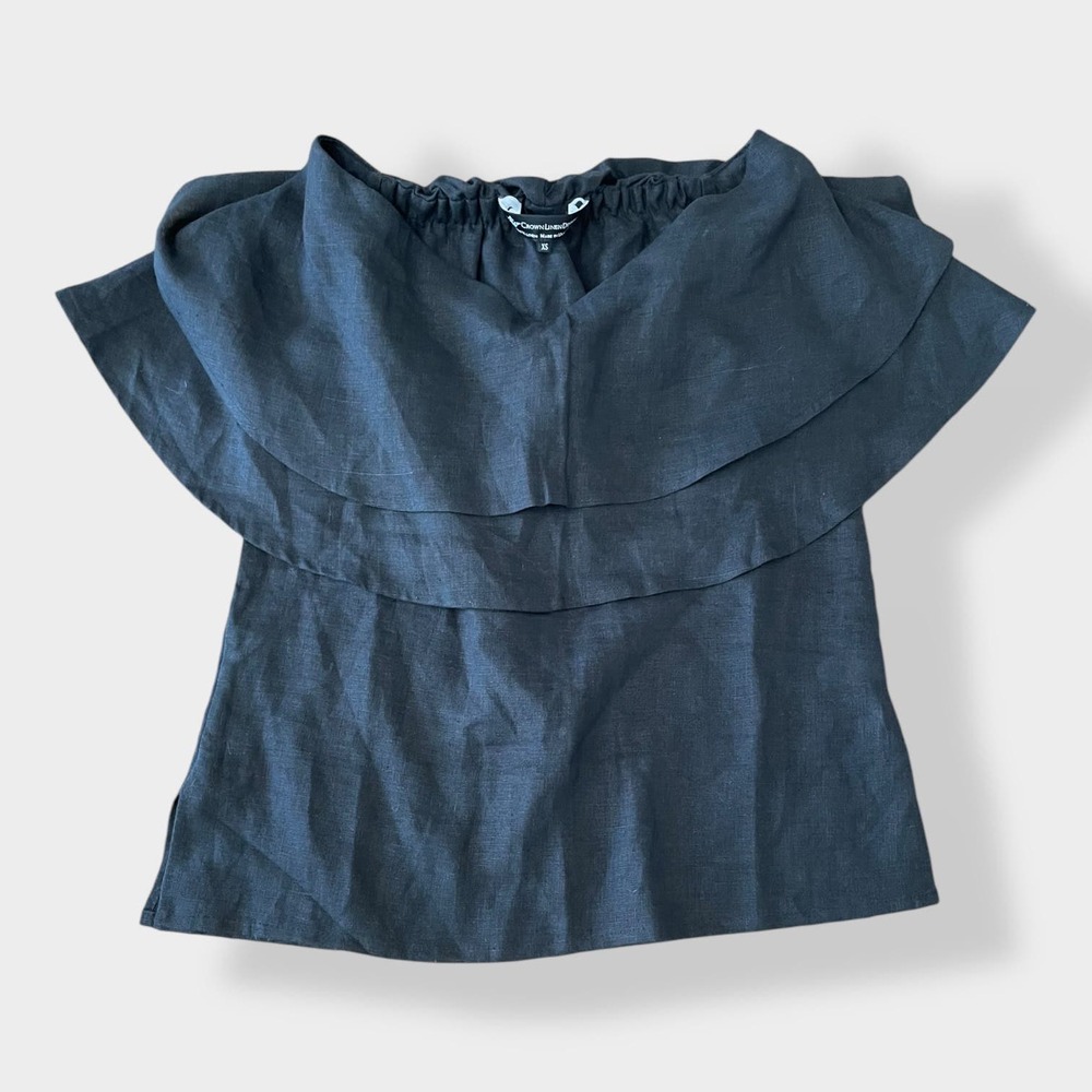 Crown Linen Designs Black Linen Boho‎ Ruffled Sleeveless Top Size XS